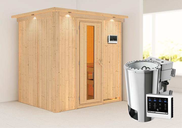 Actual product image Karibu Sauna Benin front entry, wreath (Plug & Play 3.6 KW external control)