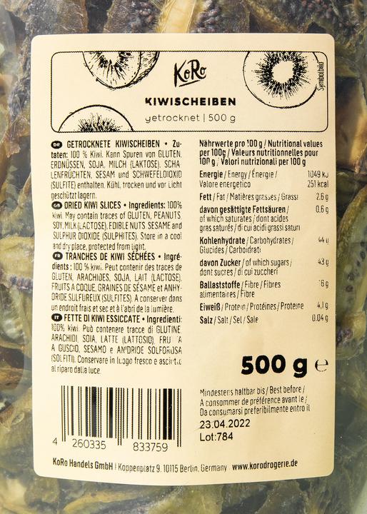 Valori nutrizionali e ingredienti KoRo Fette di kiwi essiccate (500 g)