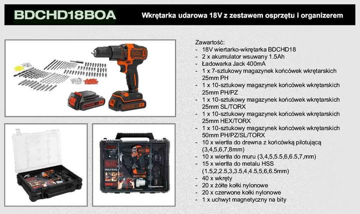 Actual product image Black & Decker BDCHD18BOA, 2 batteries & 160 pcs. Accessories set (Rechargeable battery operated)