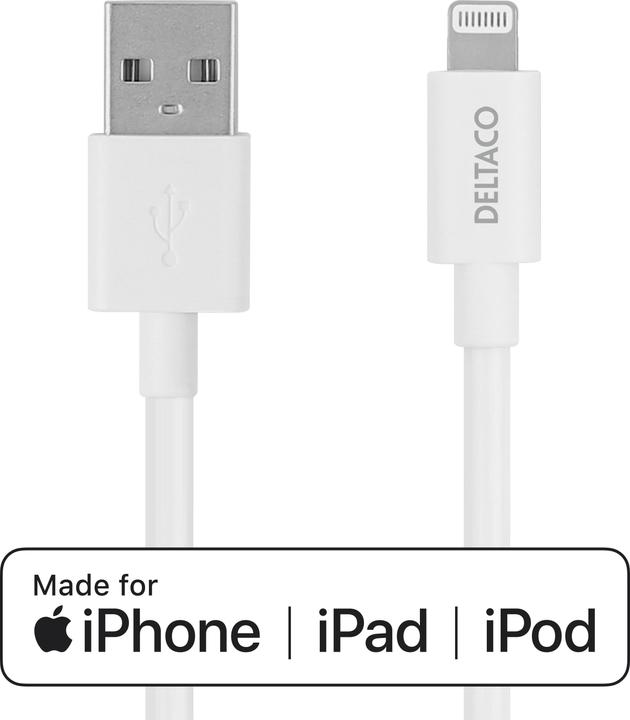 Image du produit Deltaco Câble Lightning USB-A -Lightning, 2m, Apple C189 chipset, MFi, FSC marked package, white (2 m, USB 2.0)