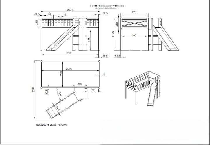 Produktbild Vipack Halbhohes Bett Scott Spring mit Rutsche (90 x 200 cm)