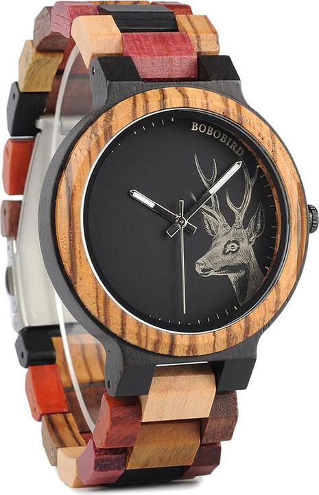 Produktbild Natura Punto Elegante Uhr aus Bambus, Sandel-, und Ebenholz, aufgemaltem Hirschkopf
