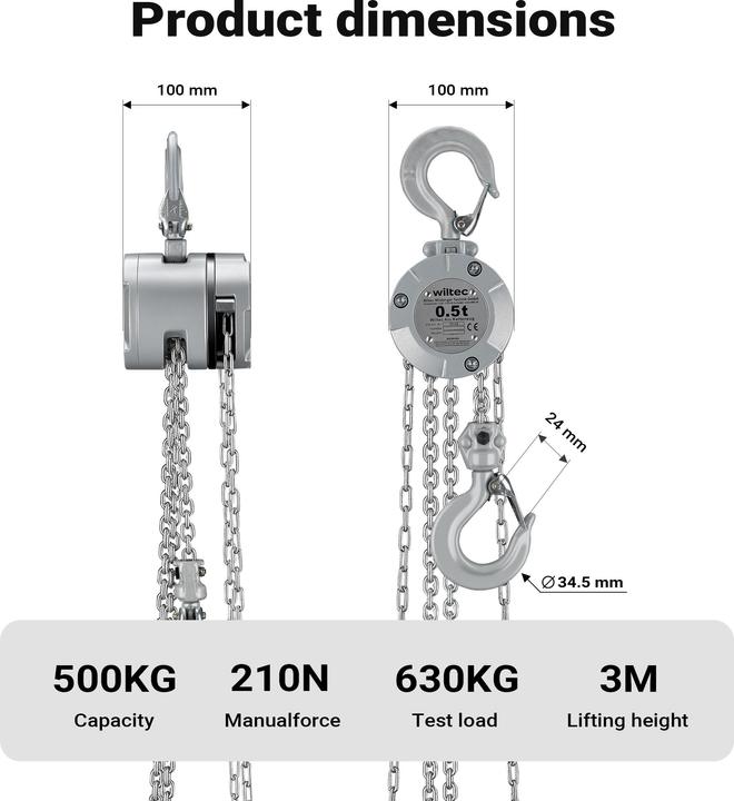 Produktbild Wiltec Kettenzug bis 500kg Handkettenzug 3m Hubhöhe Tragmittel Hebezeug Hebelzug