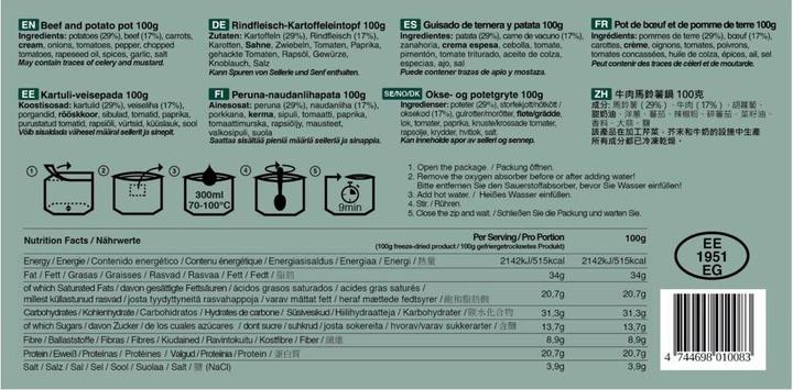 Valeurs nutritives et ingrédients Tactical Foodpack Pot de boeuf et de pommes de terre (100 g)