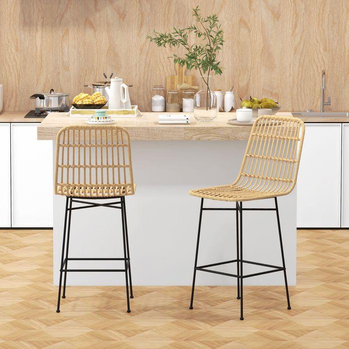 Produktbild Swisshandel24 Barhocker 2er Set Barstuhl Tresenhocker Rückenlehne PE-Rattan Boho Design Küchenhocker Stahl Gelb