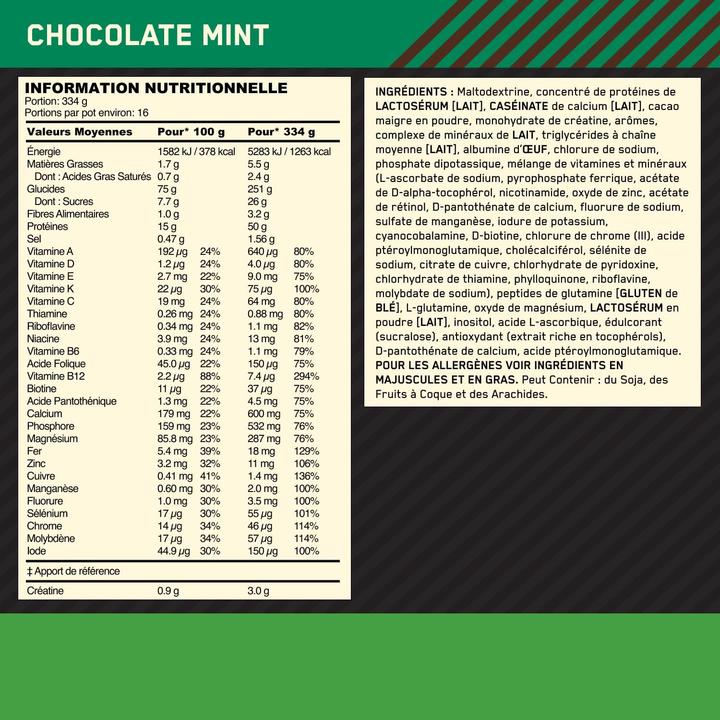 Nährwerte und Zutaten Optimum Nutrition Serious Mass (Minze, 1 Stk., 5450 g)