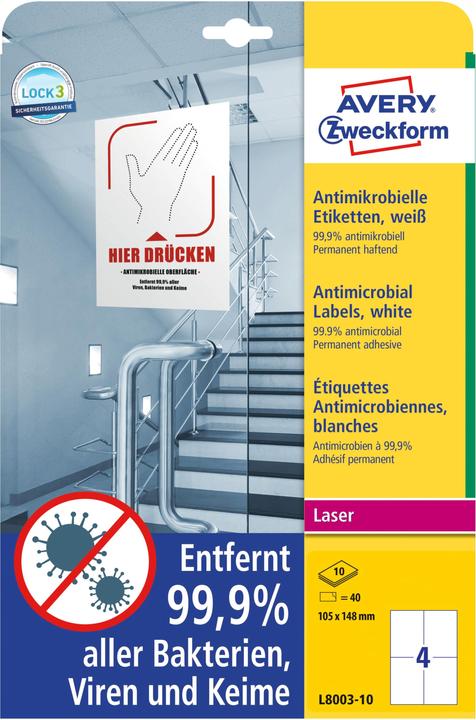 Produktbild Avery AVZ L8003-10 Antimikrobielle Etiketten 105x148mm weiss