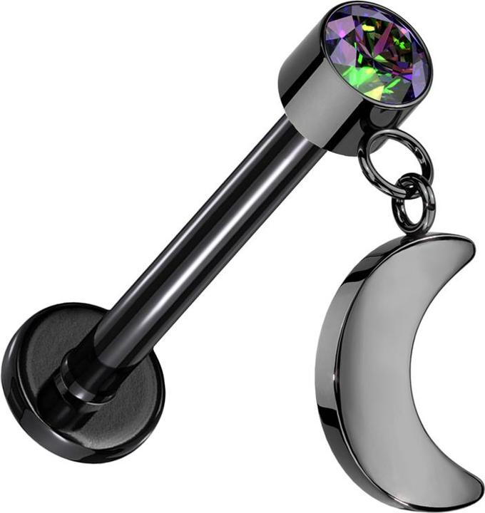 Produktbild Star Piercing Micro Threadless Labret schwarz Zylinder schwarz Kristall dunkel multicolor Anhänger Mond schwarz (ohne Messing, Titan G23)