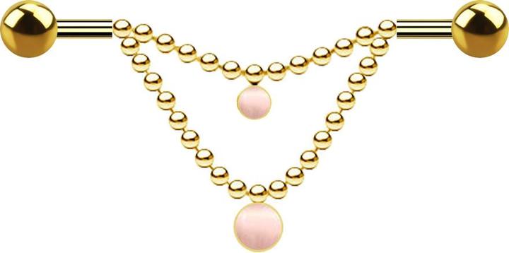 Actual product image Star Piercing Gold-plated barbell two balls two chains pink cat's eye stone (without brass, Surgical steel 316L, Mineral)