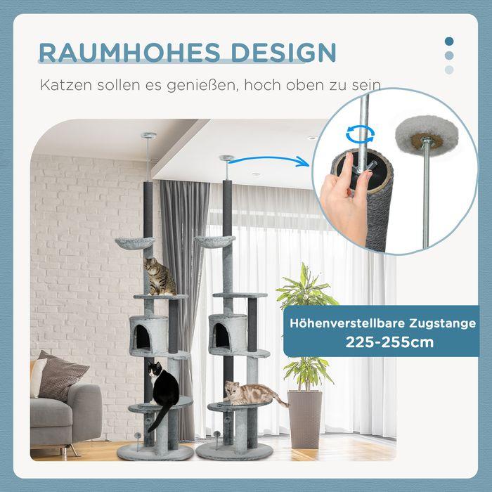 Produktbild Swisshandel24 Kratzbaum Deckenhoch, 225-255 cm mit Katzenhöhle, Kratzstämmen, Korb, Spielball, Grau (255 cm, Grau)