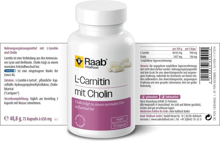 Valori nutrizionali e ingredienti Raab L-Carnitina con cloro (75 Pezzo/i, Pillole)