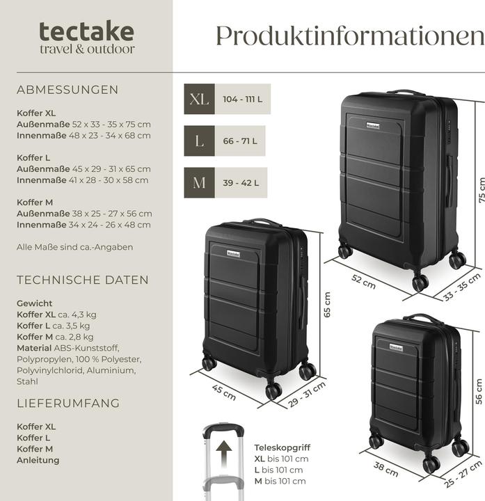Immagine prodotto tectake Set di valigie rigide Brice 3 pz., lucchetto TSA (111 l, XL (da 115l))