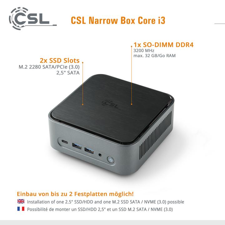 Image du produit CSL Mini PC Narrow Box Core i3 / 32Go / 4000 Go M.2 SSD / Win 11 Pro (Intel Core i3-N305, 32 Go, 4000 Go, Intel UHD Graphics)