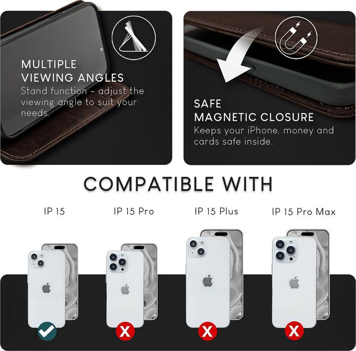 Actual product image Nalia Genuine leather flip case cover with magnetic fastener (Apple iPhone 15)