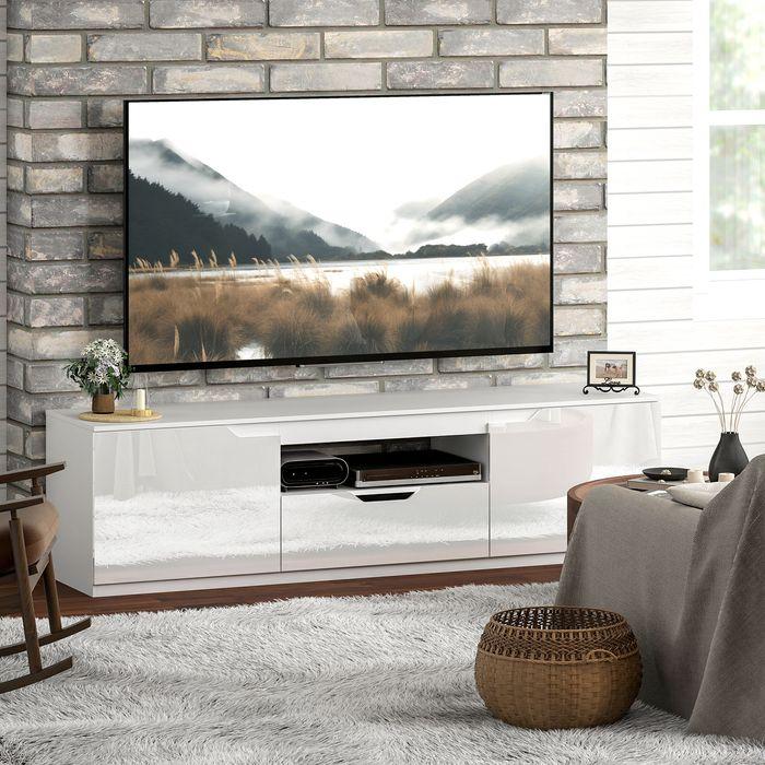 Actual product image Swisshandel24 Hochglanz TV-Lowboard für Fernseher bis 65 Zoll, 3 Fächer, Schublade, Weiss (160 x 38 x 43 cm)