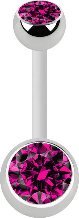 Star Piercing Banane weiss mit zwei Kugeln silber Kristall fuchsia (ohne Messing, Bioflex, Chirurgenstahl 316L)