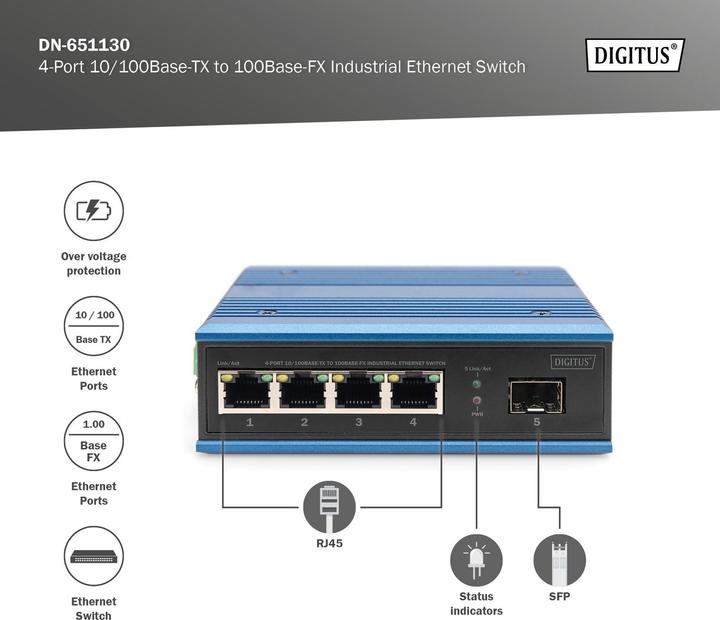 Immagine prodotto Digitus Switch Ethernet industriale da 4 porte 10/100Base-TX a 100Base-FX (4 Porti)