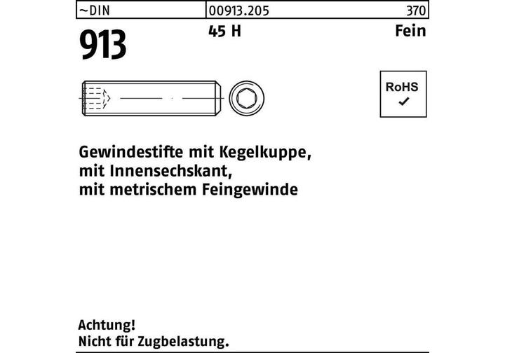 Produktbild Gewindestift DIN 913 Kegelkuppe/Innen-6-kant M10 x 1 x 45 45 H Feingewinde (100 Schrauben pro Stück)