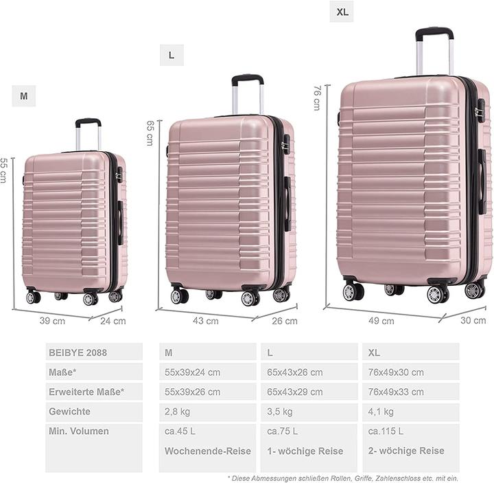 Produktbild Beibye Reisekoffer Rosa Goldfarben Set (115 l, M (50 - 90l), L (90 - 115l), XL (ab 115l))