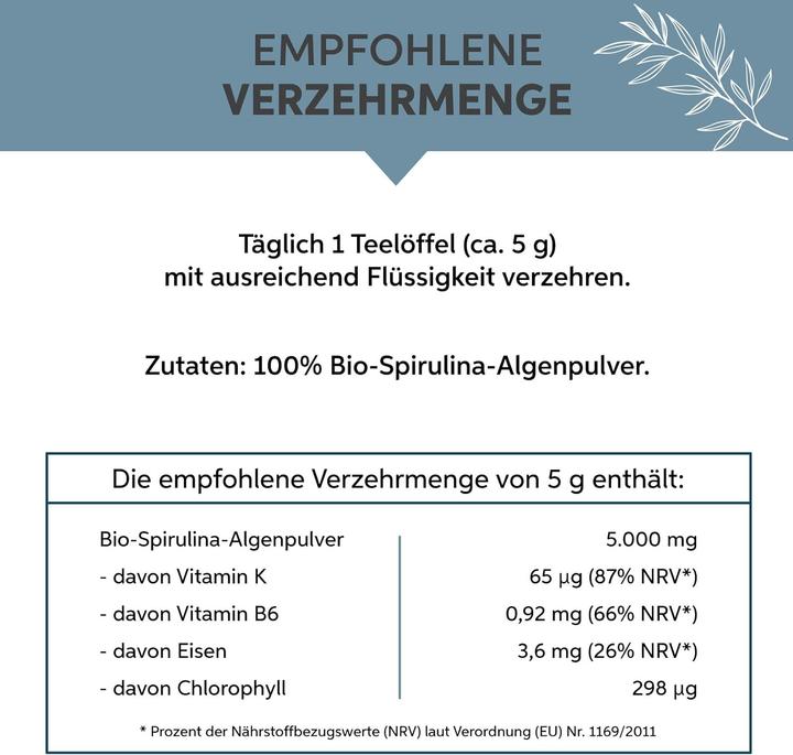 Valeurs nutritives et ingrédients Eltabia Poudre de spiruline bio | Qualité crudité premium (Poudre)
