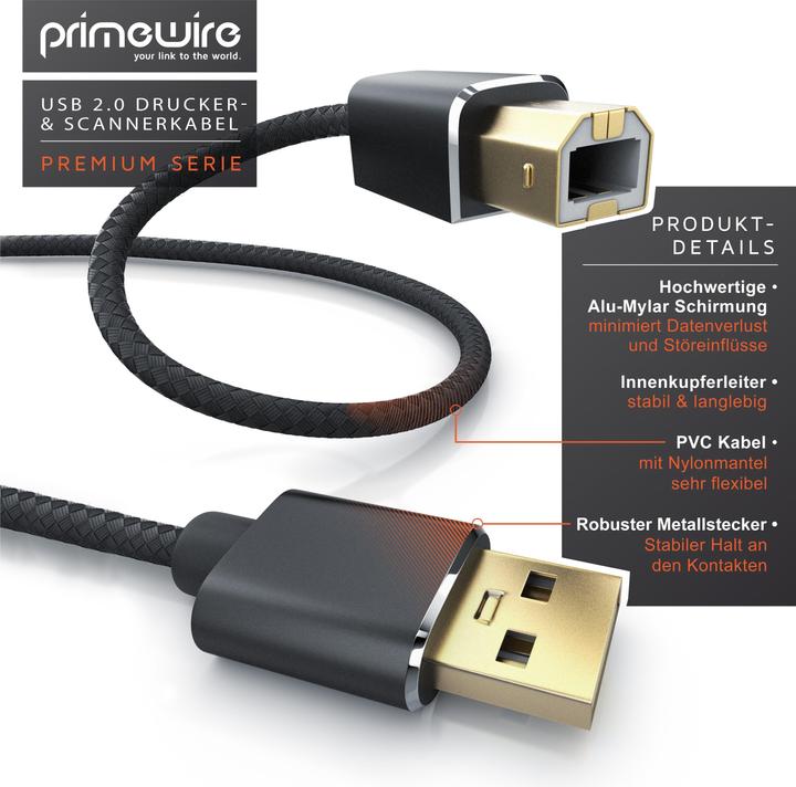 Actual product image Primewire USB cable 2.0, printer cable type A to type B plug, scanner cable with nylon sheath, metal plug (1 m, USB 2.0)