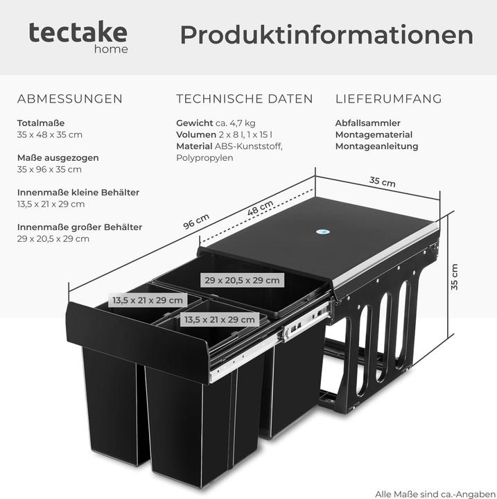 Actual product image tectake Abfallsammler Ashlyn, 3-fach Trennung, 31L, Teleskopschienen (31 l)