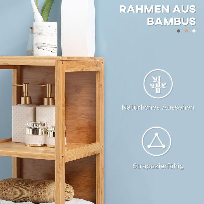 Actual product image Swisshandel24 Bamboo bathroom cabinet, 3 shelves, 2 drawers, anti-tilt protection (30 x 30 x 140 cm)