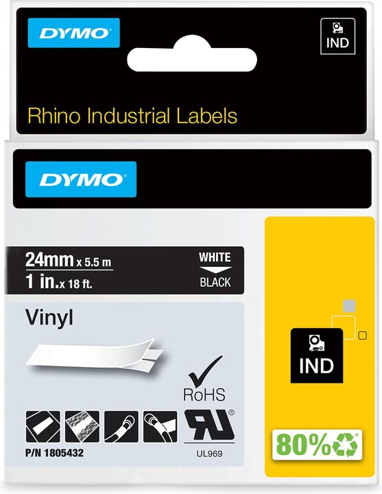 Dymo Rhino 24mm weiß auf schwarz Vinyl (2.40 cm, Schwarz)