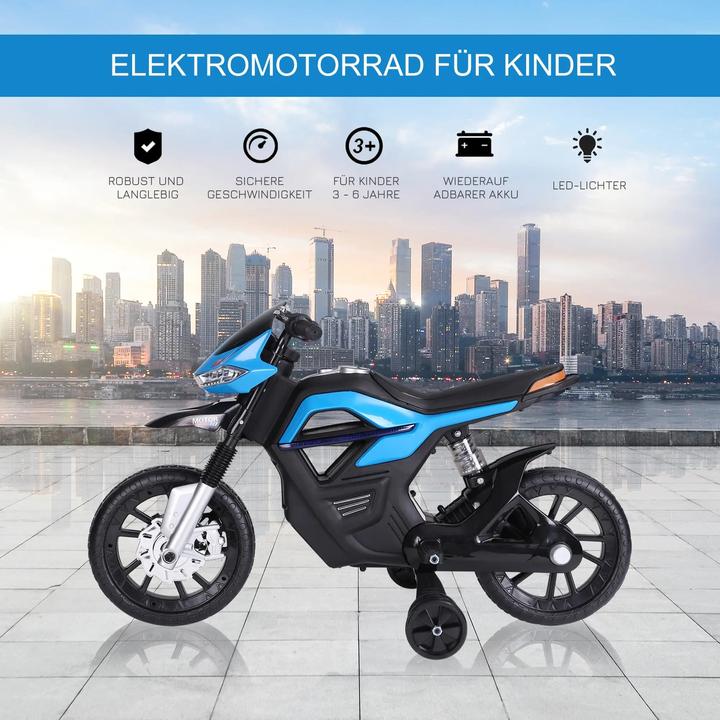 Produktbild Homcom Kinder-Elektromotorrad 3-6 Jahren mit Stützrädern maximal 3 km/h Metall + Kunststoff Blau 105x52,3x6