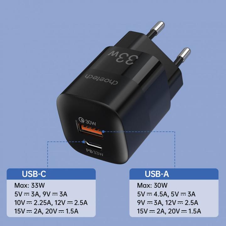 Produktbild Choetech Fast USB Wall Charger USB Type C PD QC 33W black (PD5006) (33 W)