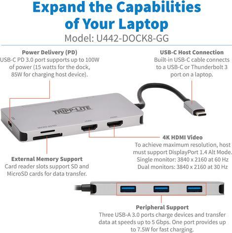 Produktbild Eaton USB-C Dock Dual Display - 4K 60Hz HDMI USB 3.2 Gen 1 USB-A Hub Memory Card 100W PD C (USB-C, 2 Ports)