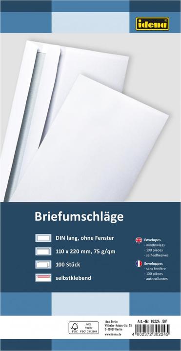 Produktbild Idena BU DL weiss 75g 100er sk o.F. FSC-Mix (DIN lang (11 x 22 cm), 100 x)