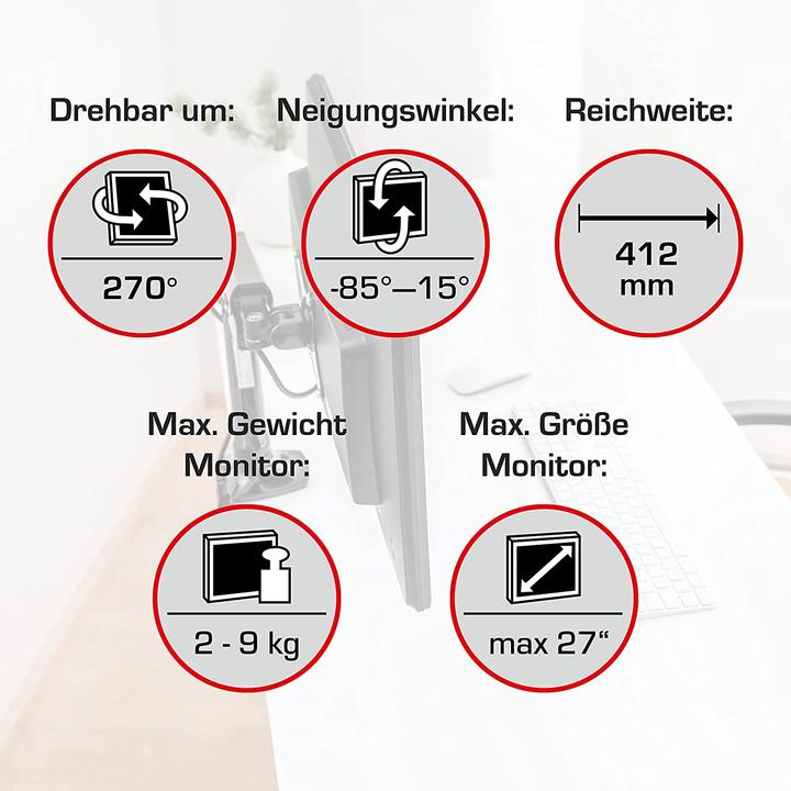 Produktbild Vantage Monitorarm single Gas 75x100 -9kg 27" schwarz (Tisch, 27")