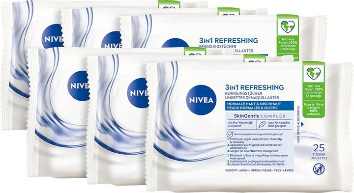 Image du produit NIVEA Lingettes nettoyantes 3en1 Rafraîchissantes Multipack 6 x 25 pièces (Chiffons de nettoyage)