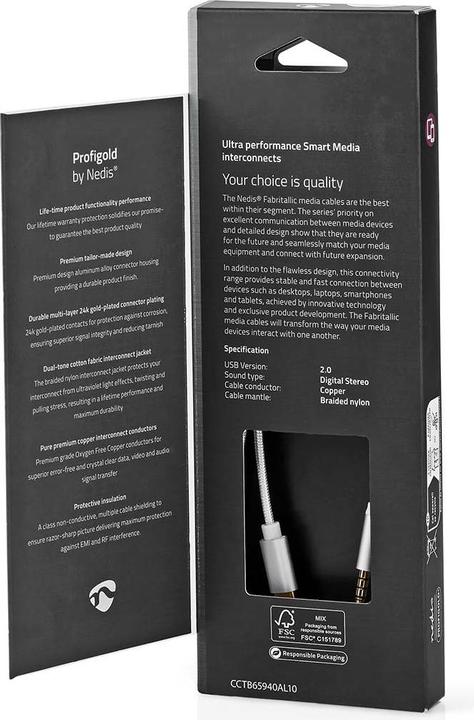 Image du produit Nedis Adaptateur USB USB 2.0 USB-C mâle 3.5 mm mâle 1.00 m rond Plaqué or Tressé/nylon Alumin (1 m, USB 2.0)