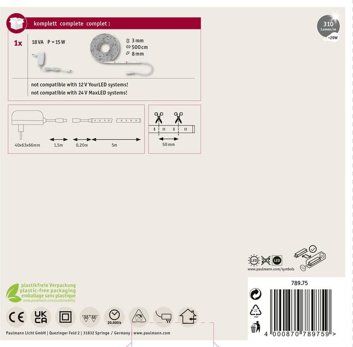 Image du produit Paulmann Ensemble complet de bandes LED SimpLED (Blanc froid, 500 cm, Intérieur)