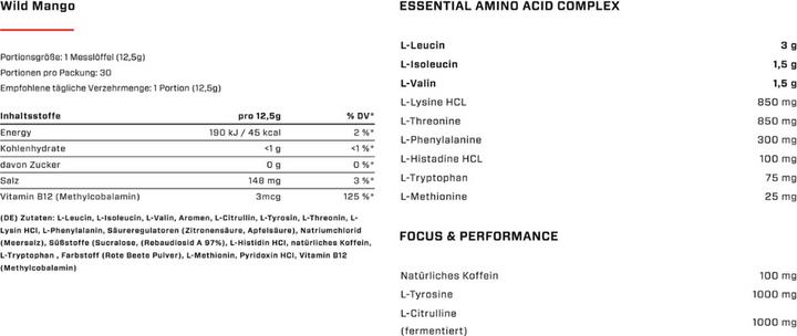 Nutritional values and ingredients Vast Total Amino Energy+ - EAAS and natural caffeine - vegan - 375 g (Wild Mango, 1 pcs., 375 g)