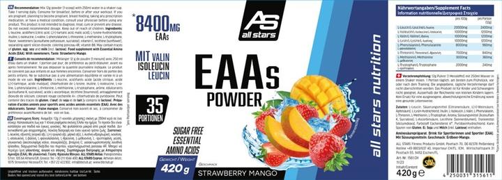 Nutritional values and ingredients All Stars EAAs Powder (Mango, Strawberry, 1 pcs., 400 g)