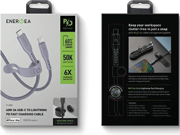 Image du produit Energea câble Flow USB-C - Lightning C94 MFI 1.5m fioletowy/pourpre 60W 3A PD Fast Charge (1.50 m, USB 3.0)