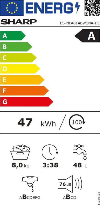 Etichetta energetica Sharp ES-NFA814BW1NA-DE (8 kg, A sinistra)