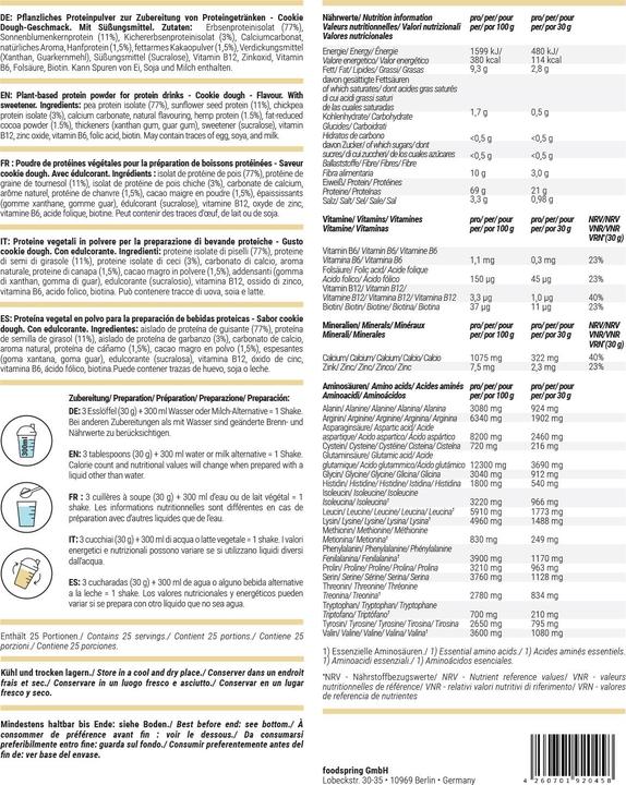 Nährwerte und Zutaten Foodspring Vegan Protein (Cookie Dough, 1 Stk., 750 g)