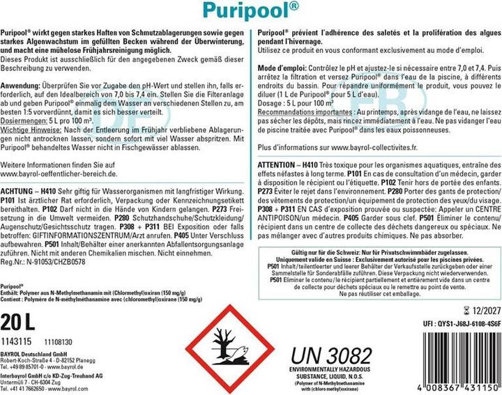 Valeurs nutritives et ingrédients Bayrol Puripool 20L Produit d'hivernage UN3082 (20000 ml)