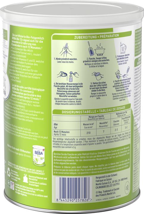 Valeurs nutritives et ingrédients Beba Bio 12+ après 12 mois (800 g, à partir de 12 m.)