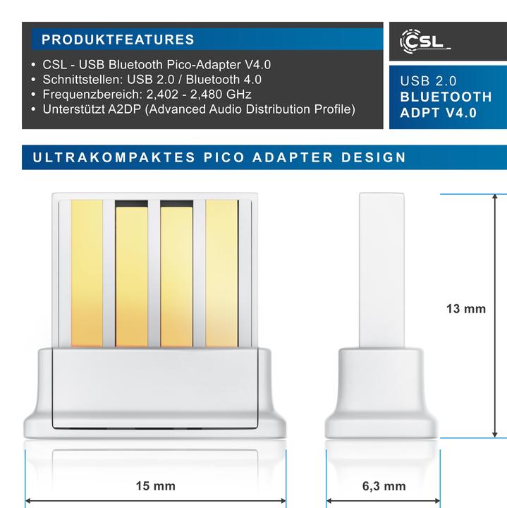 Produktbild CSL USB Bluetooth Adapter, BT4.0 USB Stick, hohe Reichweite, inklusive Treiber Windows 11 kompatibel (Sender & Empfänger)