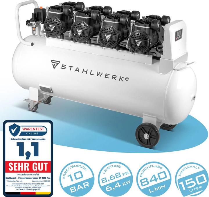 Immagine prodotto Stahlwerk Compressore 10 bar 8,6 hp 6,4 kW 840 l/min 150 l compressore d'aria (10 bar, 150 l)