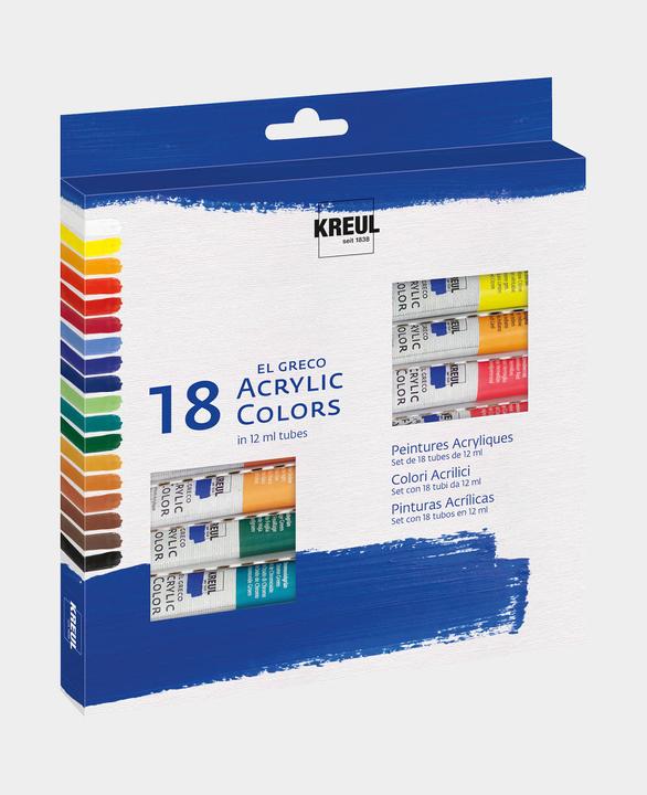 Immagine prodotto Kreul EL GRECO - set vernice acrilica (Vero limone giallo, Bianco di titanio, Verde chiaro, Verde foglia, Rosso malva, Luci Ocra, Cremisi, Ombra bruciata, Blu oltremare, Nero, Ossido di cromo verde, Azzurro, Blu cobalto scuro, 216 ml)