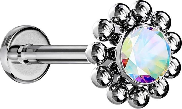 Star Piercing Micro Threadless Labret silber Kugelblume Kristall multicolor (Titan G23, ohne Messing)