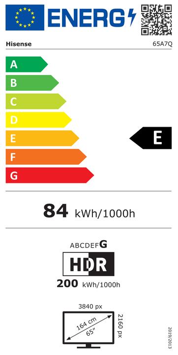 Energy Label Hisense TV 65A7Q sw QLED TV UHD,Multituner,Smart,DolbyVision,HDR10+ (65", QLED, UHD, 2025)