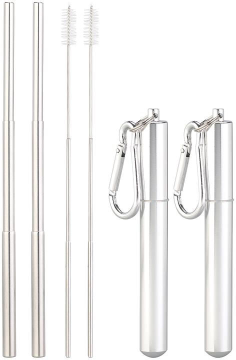 Produktbild Rosenstein & Söhne 2er-Set Teleskop-Edelstahl-Trinkhalme mit Bürste & Schlüsselanhängerbox (2 x)