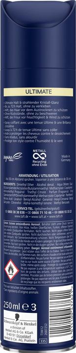 Image du produit Taft Hair Lacquer Ultimate 250ml, Hold Level 5+ Hair Styling, laque pour tous types de cheveux, Ultimate (250 ml)